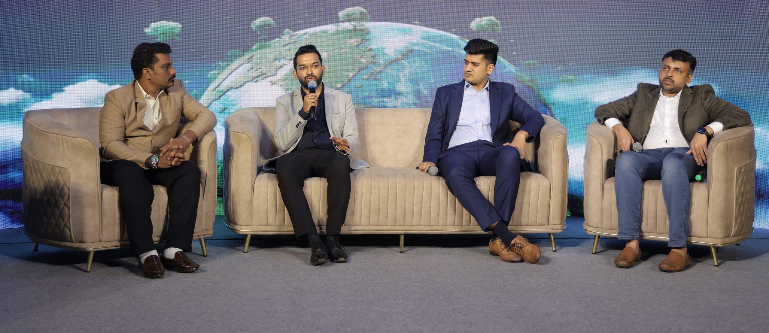 (L to R) Umesh Ponraj-Factory Manager,
Ecoline Clothing,
Ashish Achha M-Founder, Prakruti Eco,
Rahil Sheth-Co-Founder, Ras Bio FoodPack,
Pradeep Kokkatt-Founder & Managing Director,
Green Bio